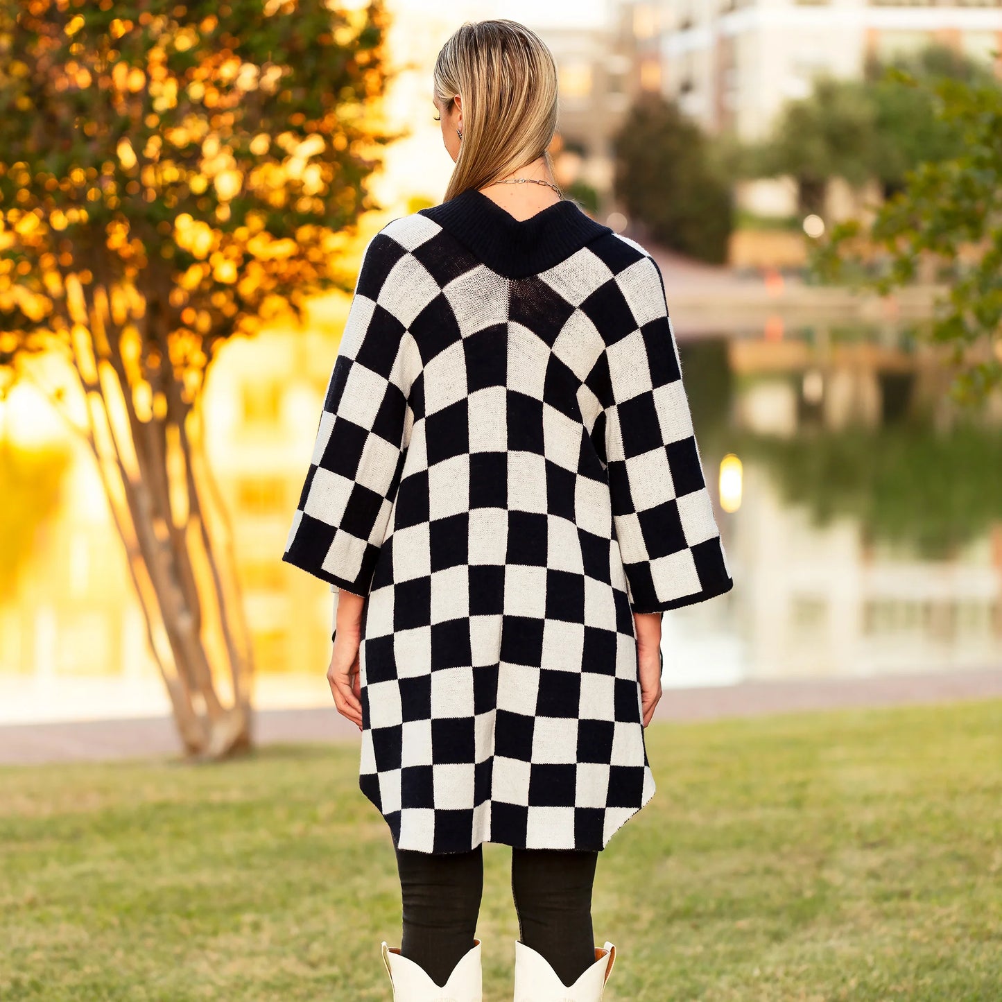 Checkered Print Poncho - Black & White