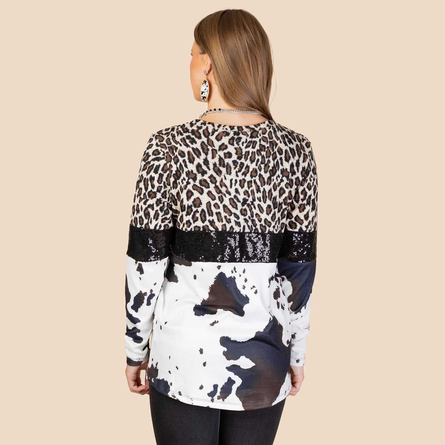 Leopard and Cowprint Sequin Long Sleeve Top