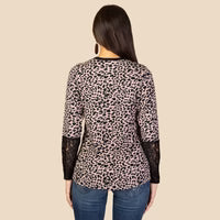 Leopard Print Lace Sleeve Top - Pink)