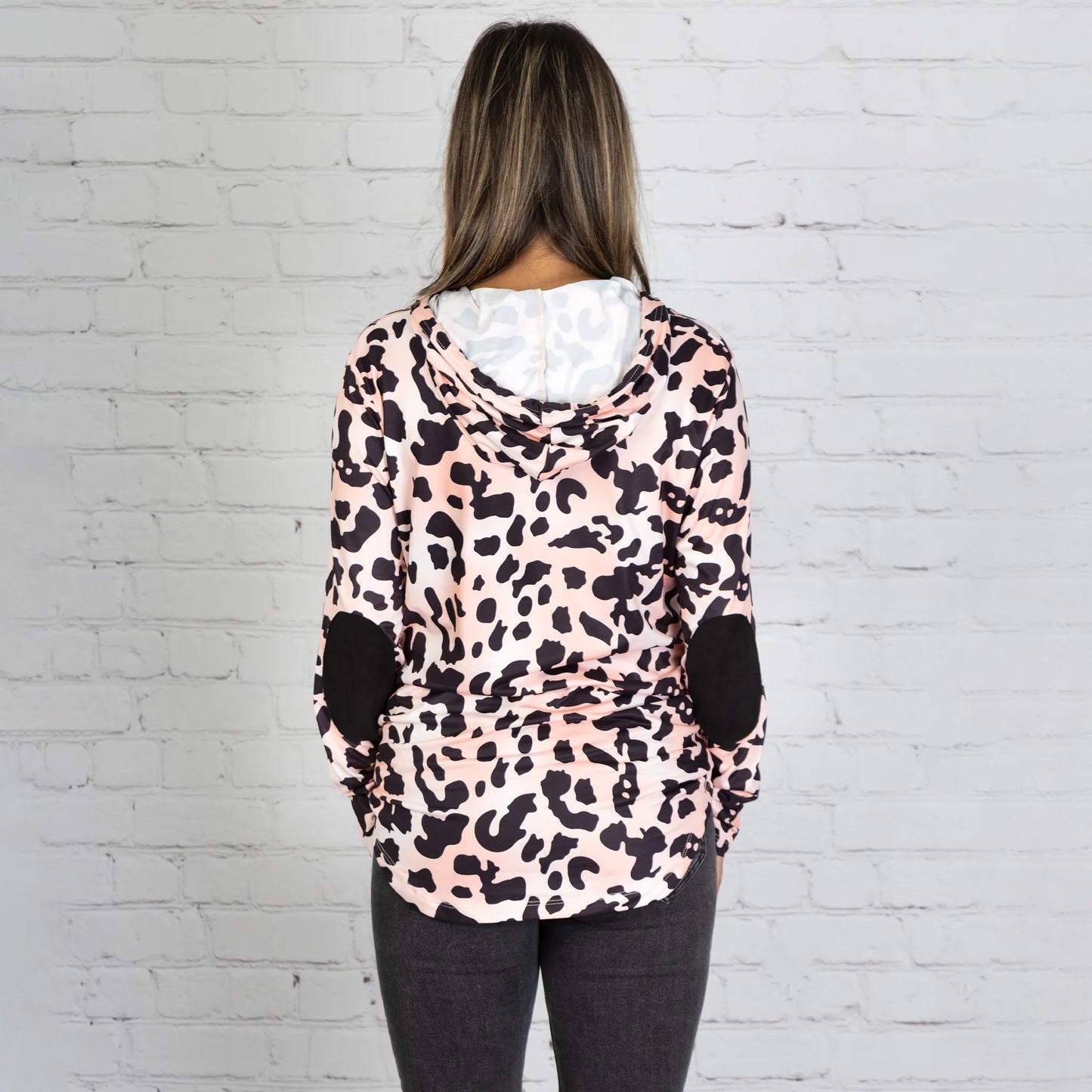 Pink Leopard Hoodie with Elbow Patches and Pockets