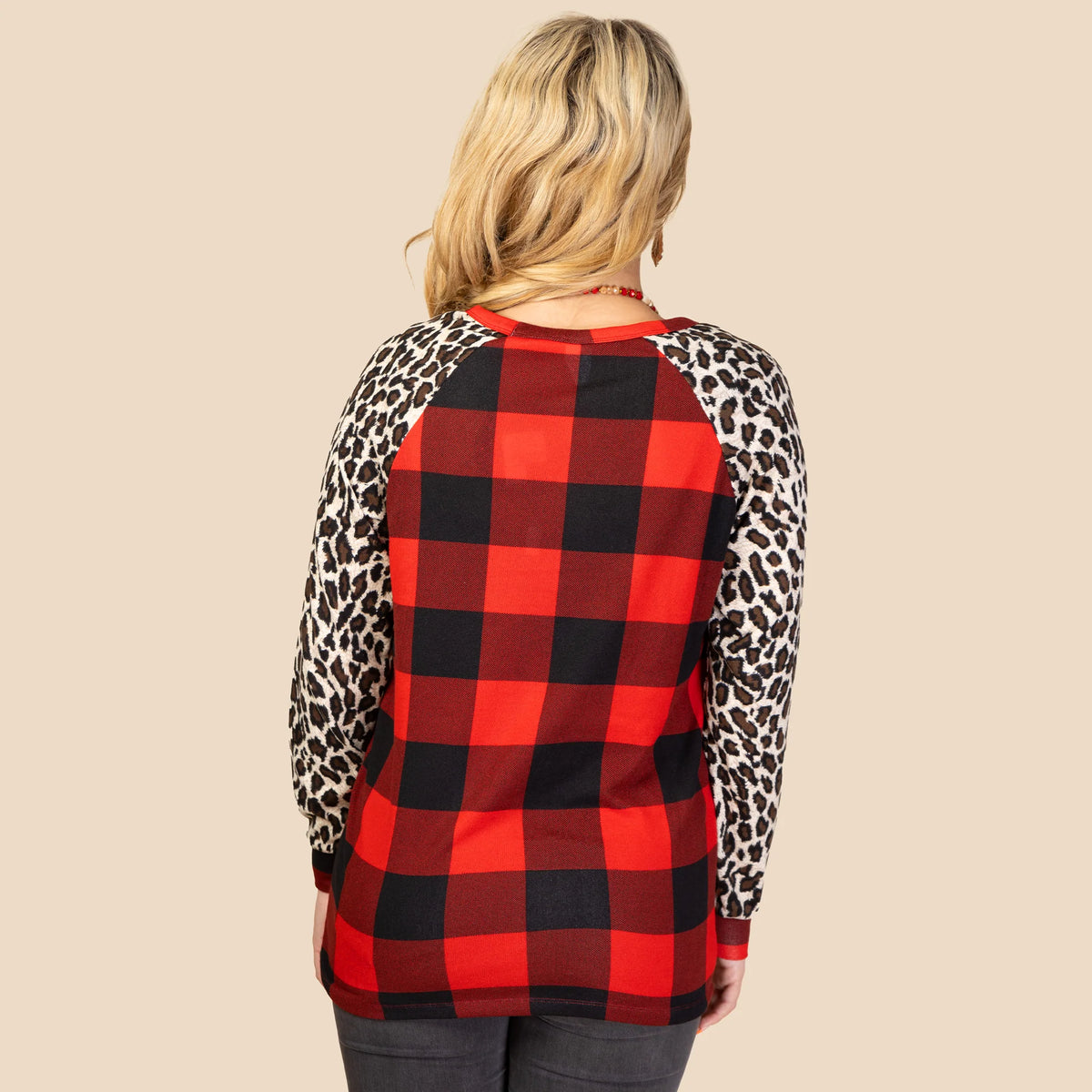 sunshine & Redeo Buffalo Plaid Top with Leopard Sleeves