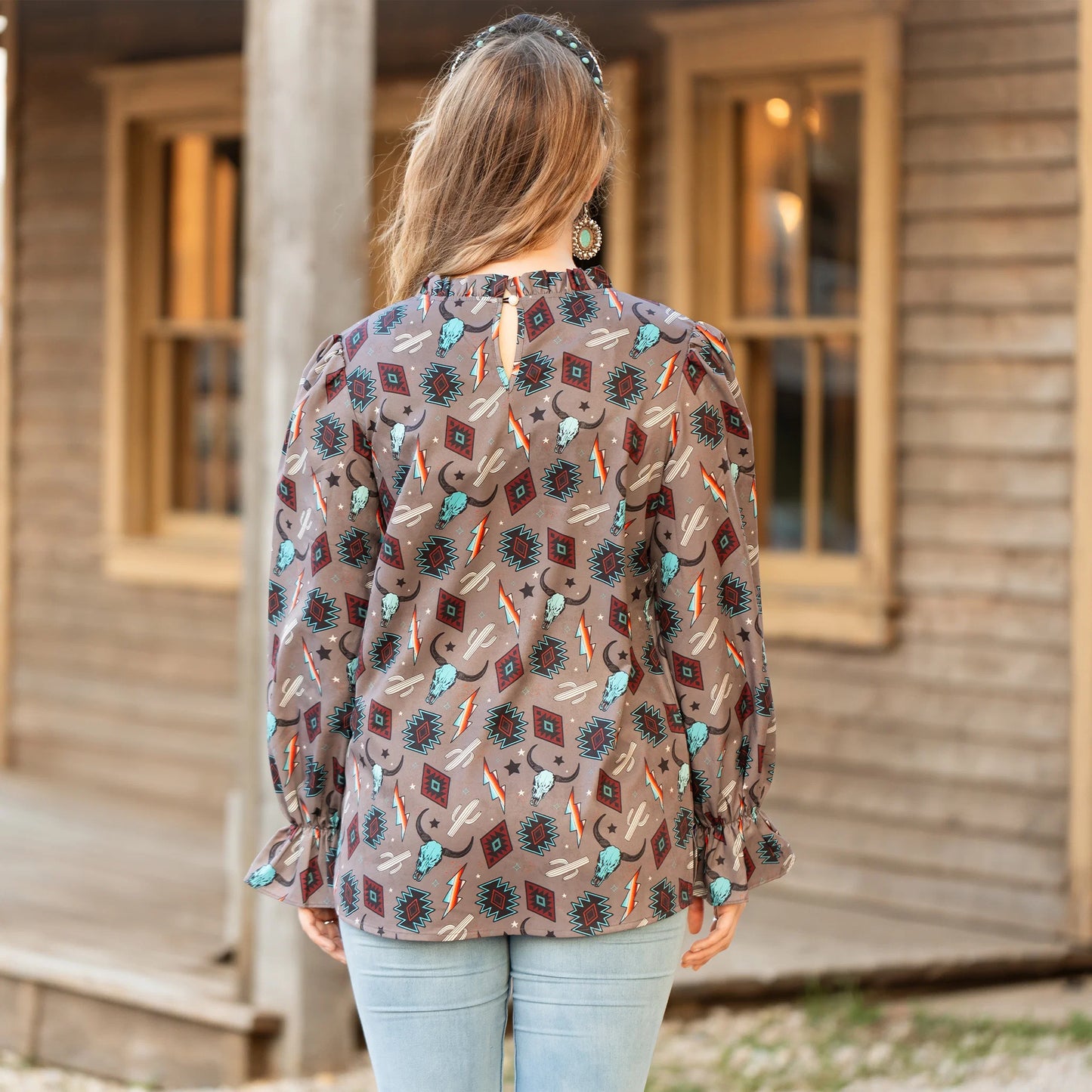 Sunshine & Redeo Western Print Ruffle Long Sleeve Top