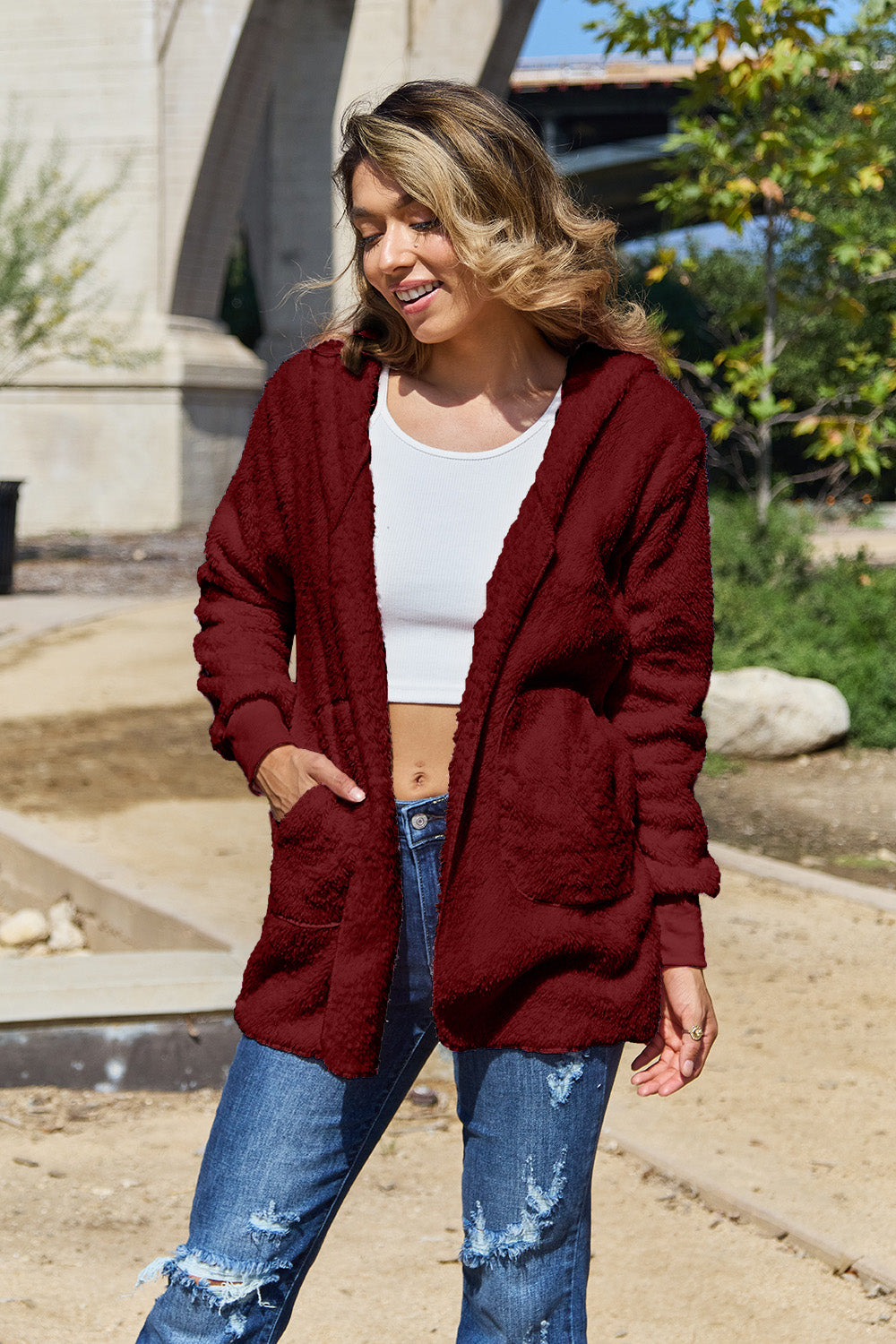 12 Colors! Full Size Teddy Hooded Jacket with Pockets