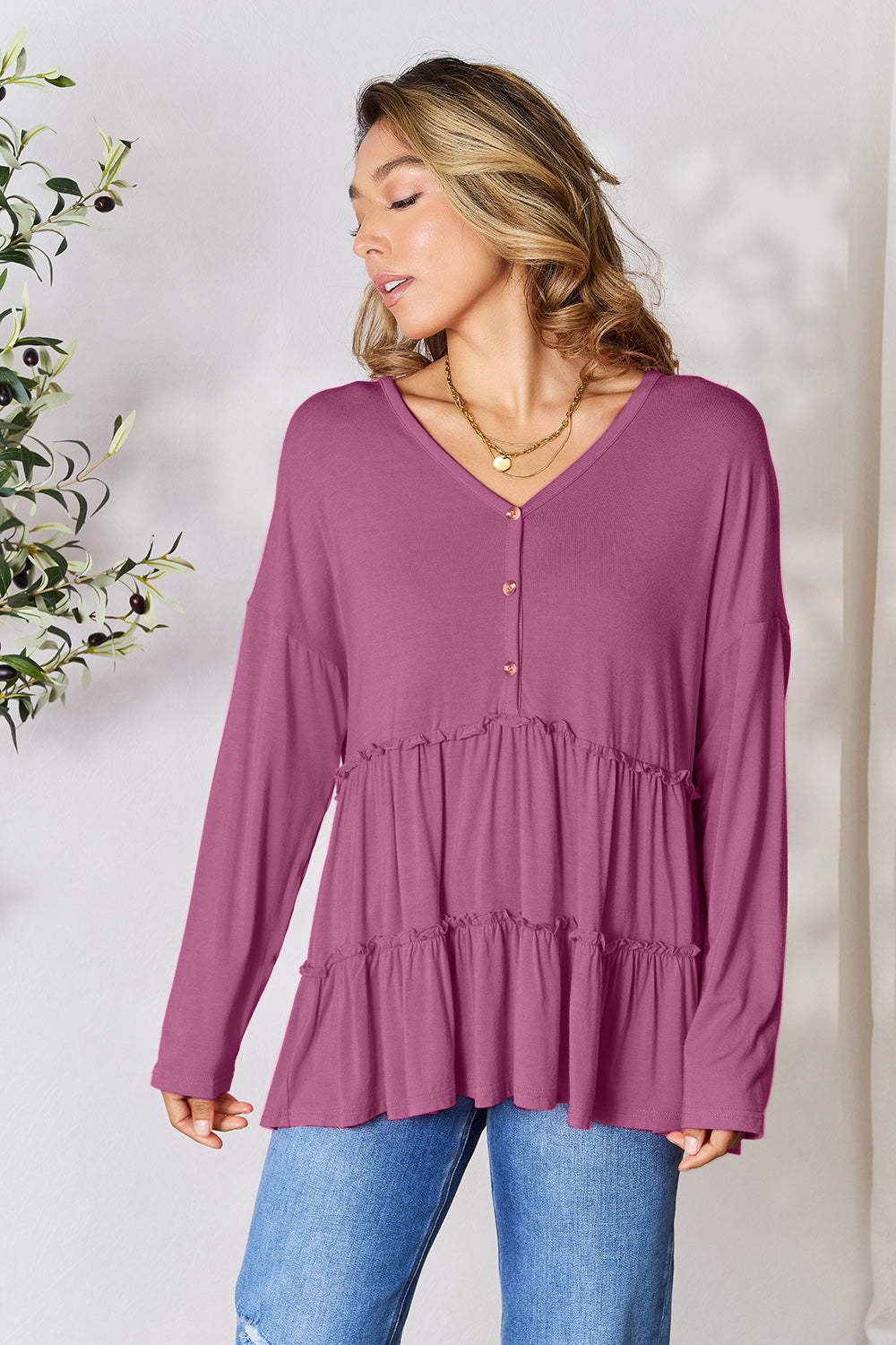 DoorBuster Double Take Half Button Long Sleeve Ruffle Hem Blouse