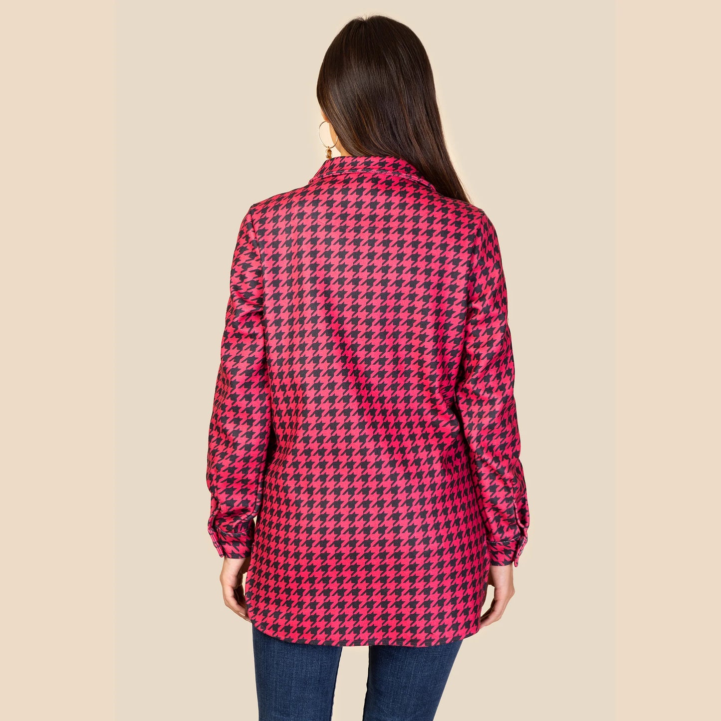 Houndstooth Pattern Shacket with Pockets - Pink