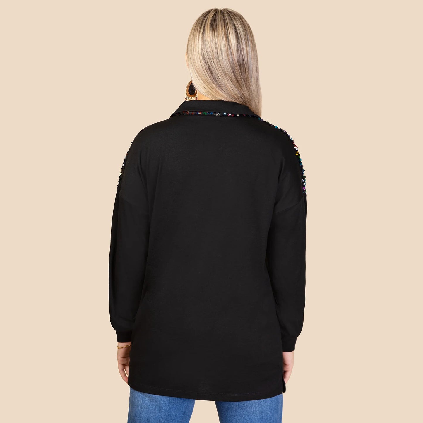Sequin Pull Over with Zipper - Black