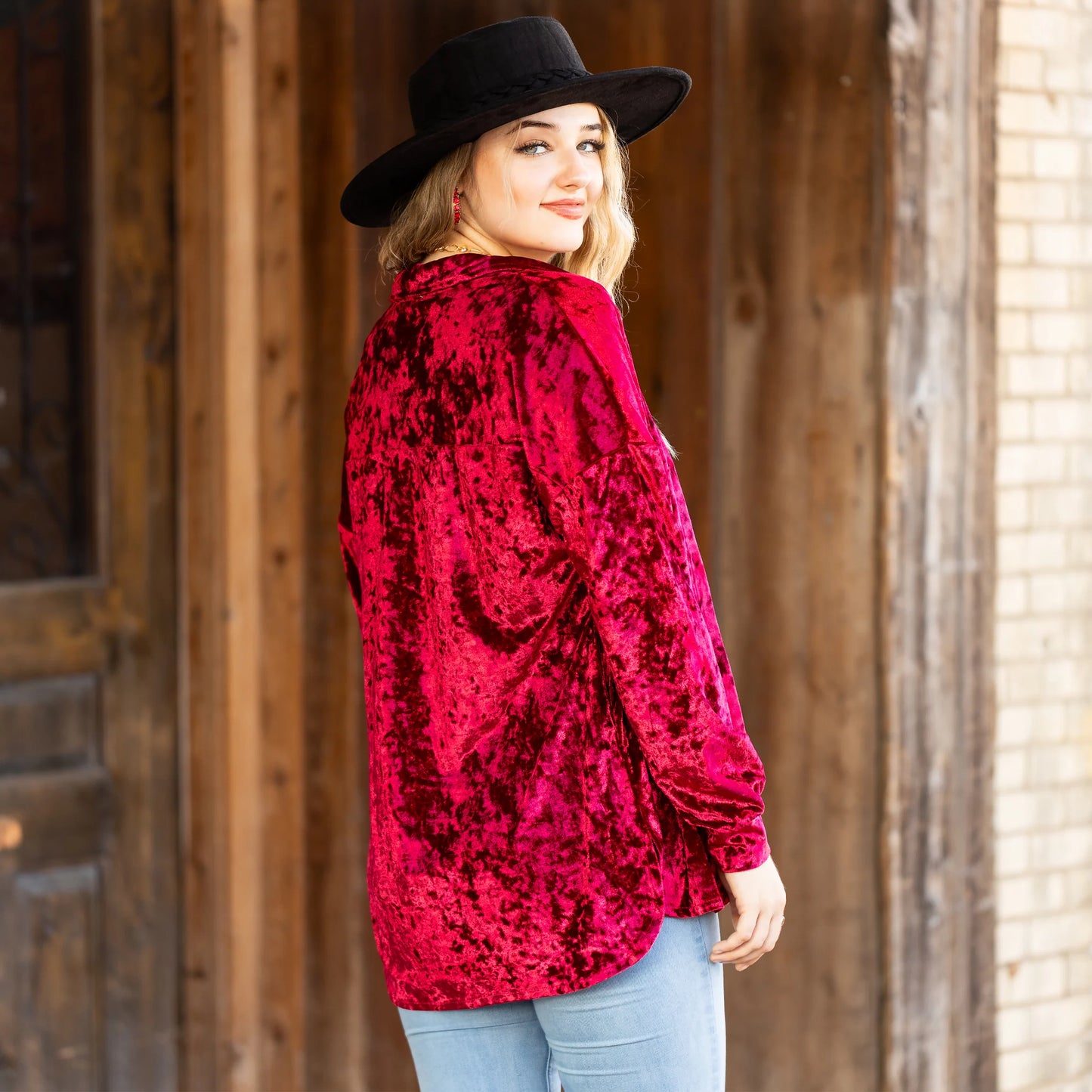 Sunshine & Redeo Velvet Long Sleeve Button Down Top with Pockets