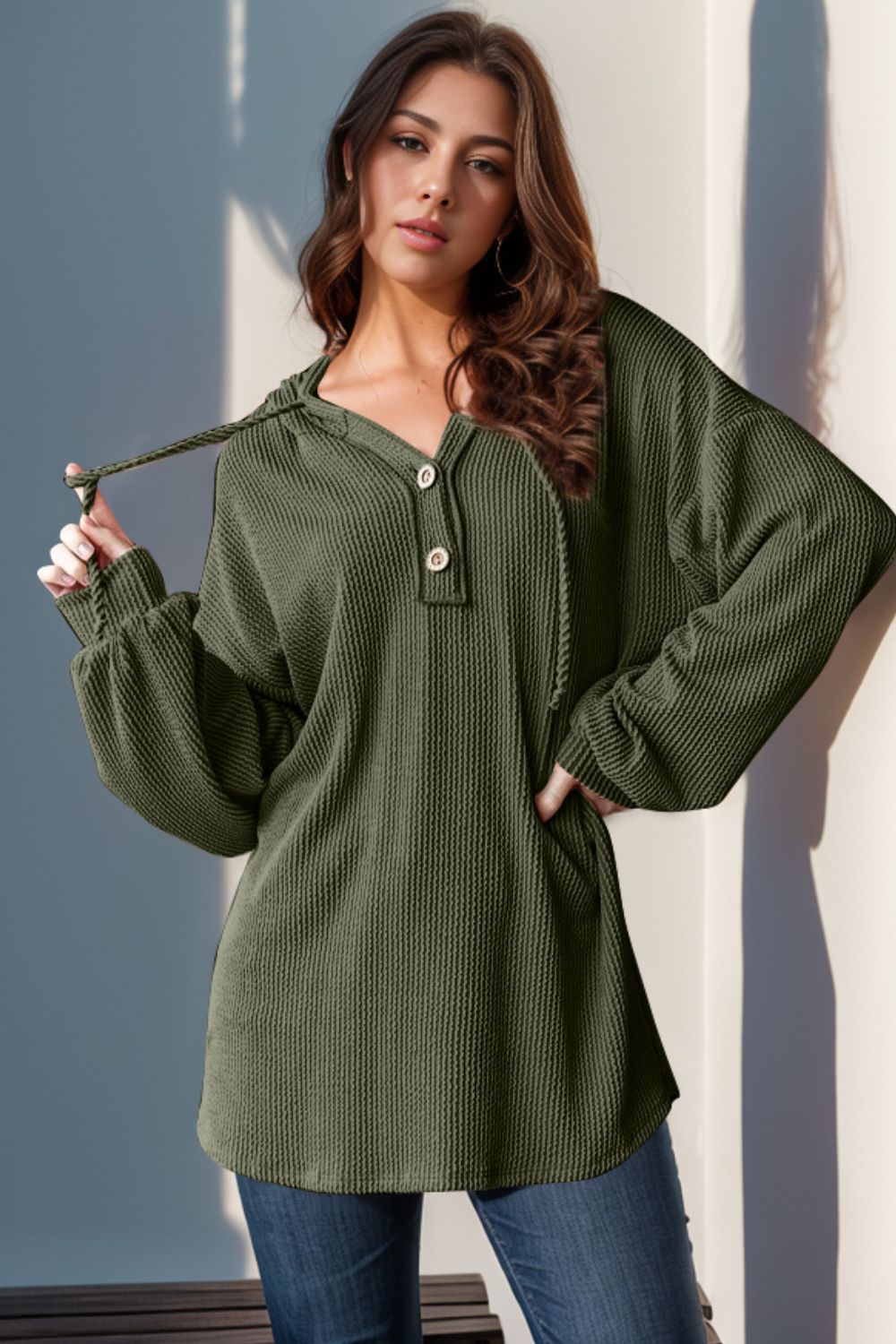 DOORBUSTER Double Take Full Size Half Button Long Sleeve Hoodie