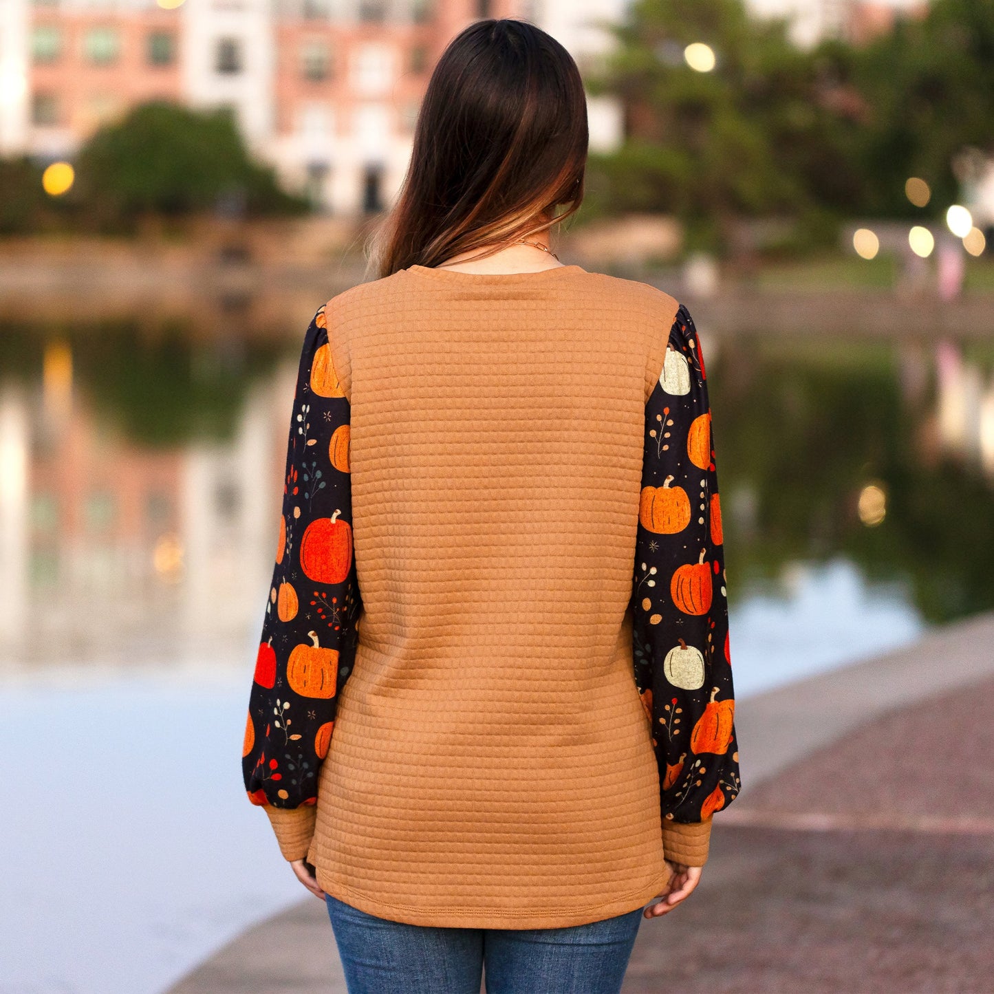 Fall Pumpkin Sleeve Waffle Top