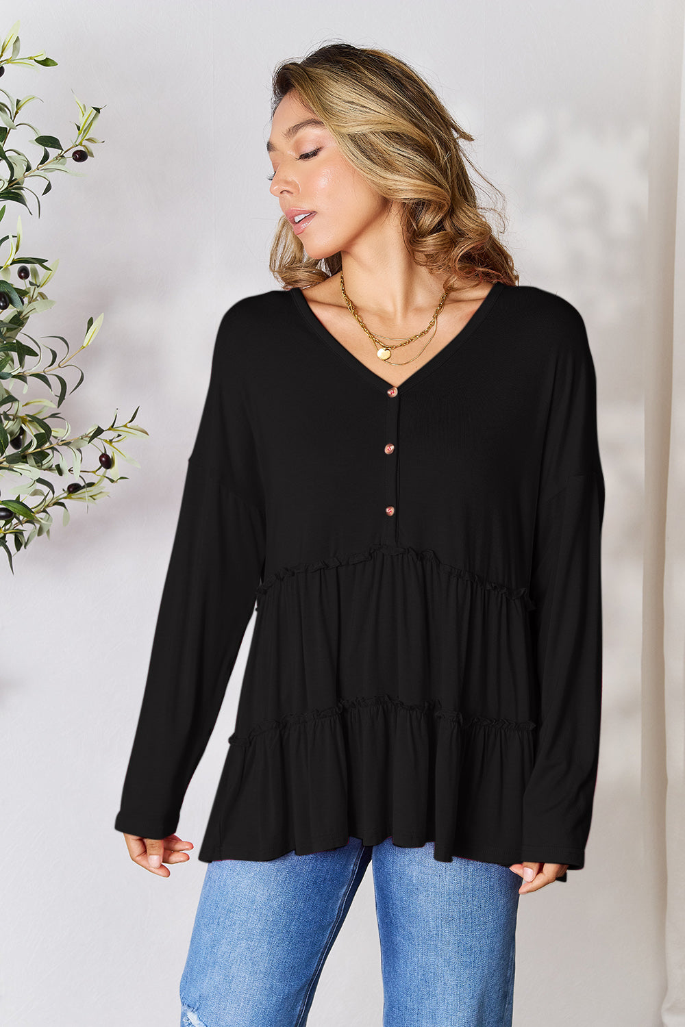 DoorBuster Double Take Half Button Long Sleeve Ruffle Hem Blouse