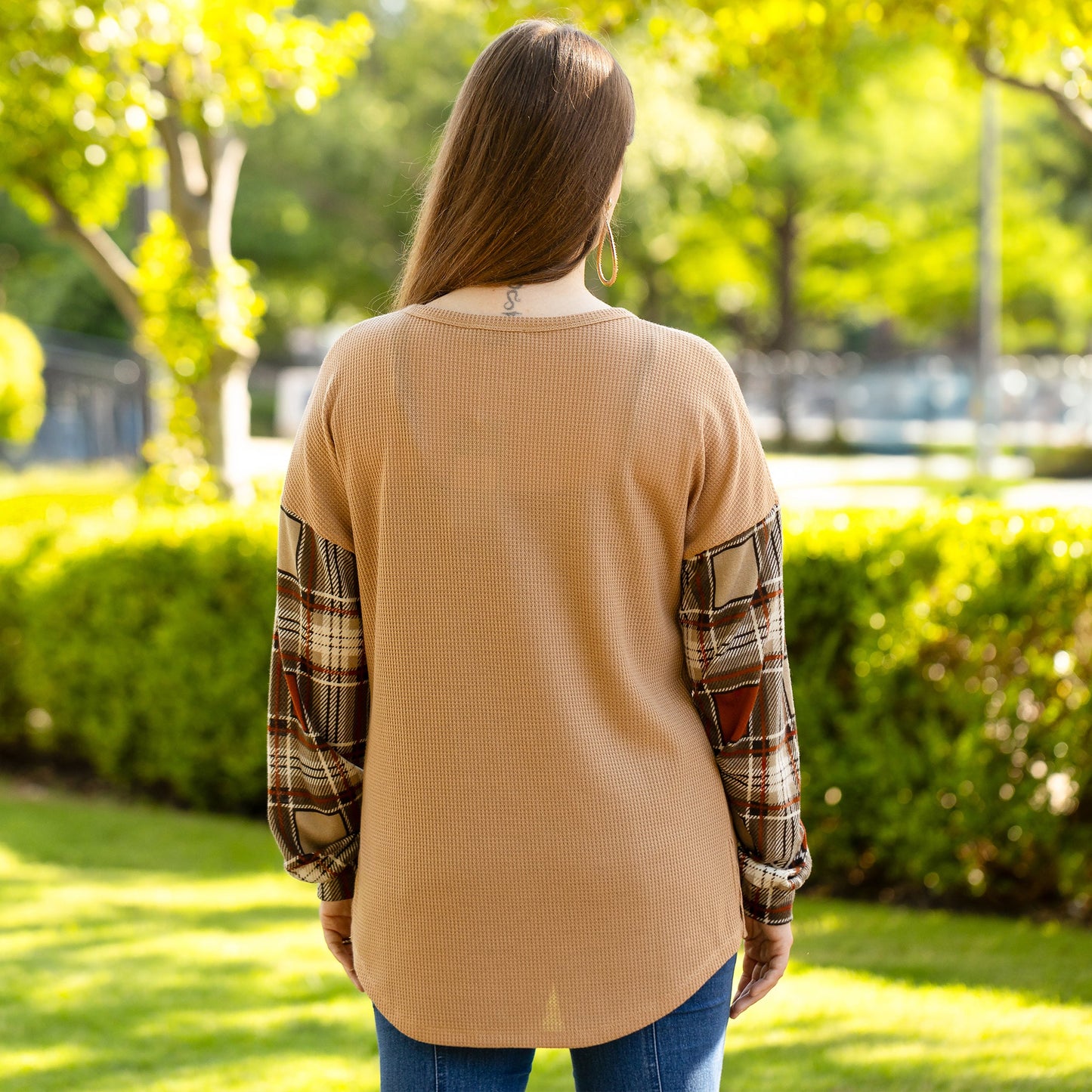Plaid Block Knit Long Sleeved Top