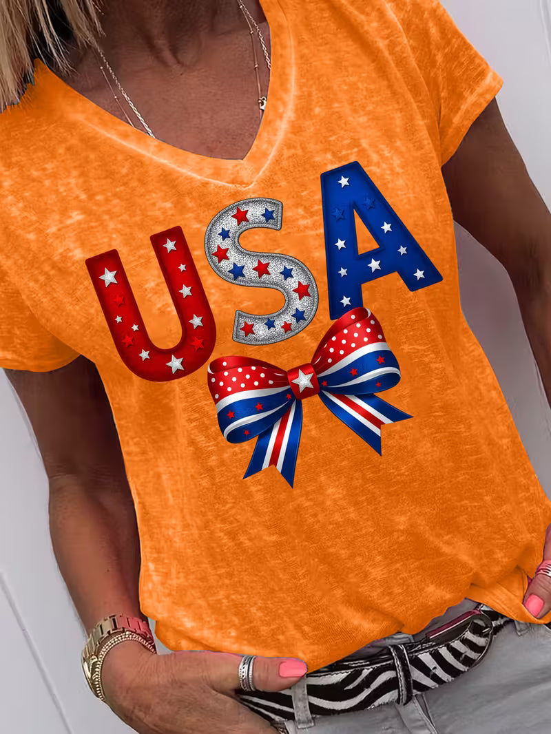 Women's USA V-neck Vinyl Graphic T-Shirt