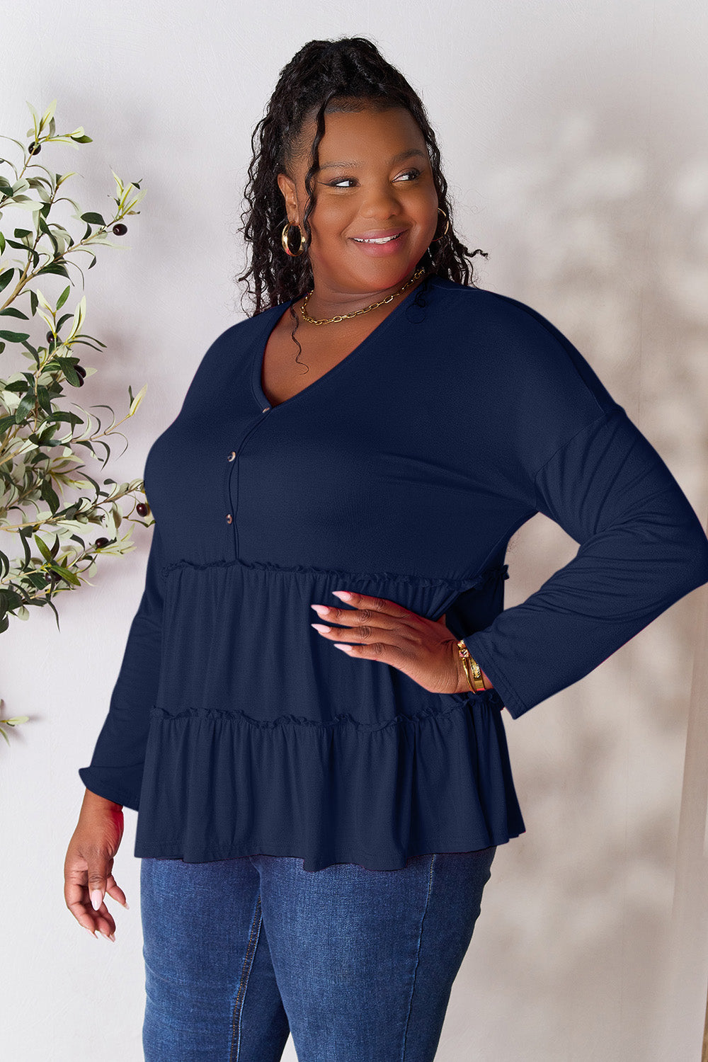 DoorBuster Double Take Half Button Long Sleeve Ruffle Hem Blouse