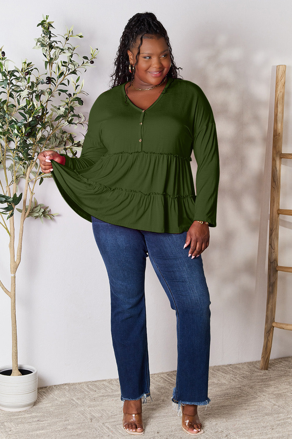 DoorBuster Double Take Half Button Long Sleeve Ruffle Hem Blouse