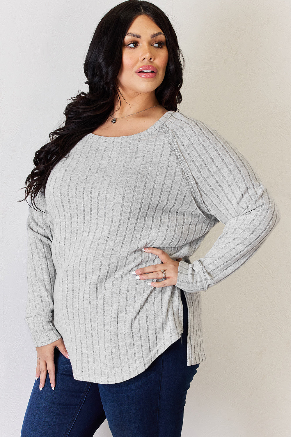 5 Colors! Basic Bae Full Size Ribbed Round Neck Slit T-Shirt