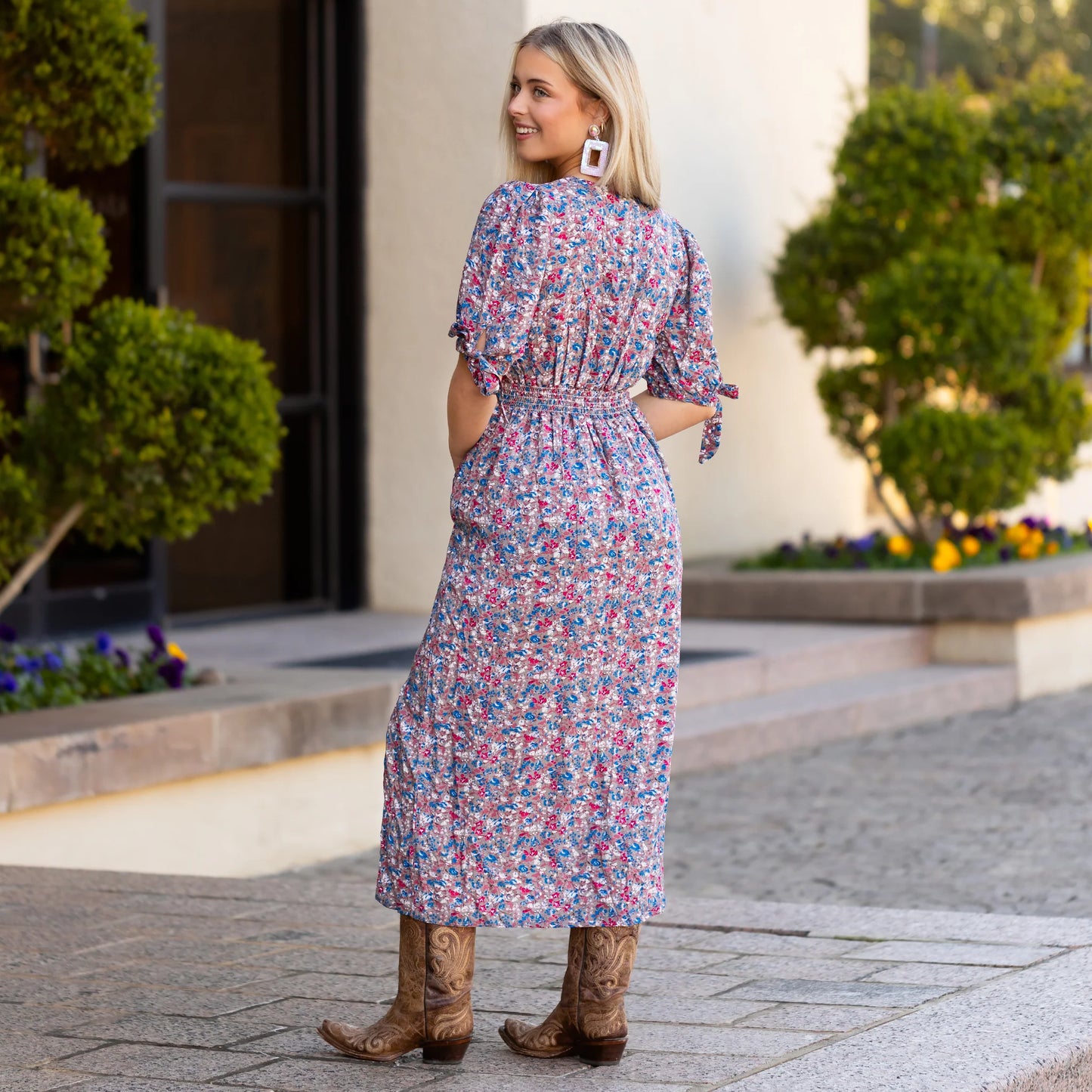 Red & Blue V-neck Floral Dress with Pockets