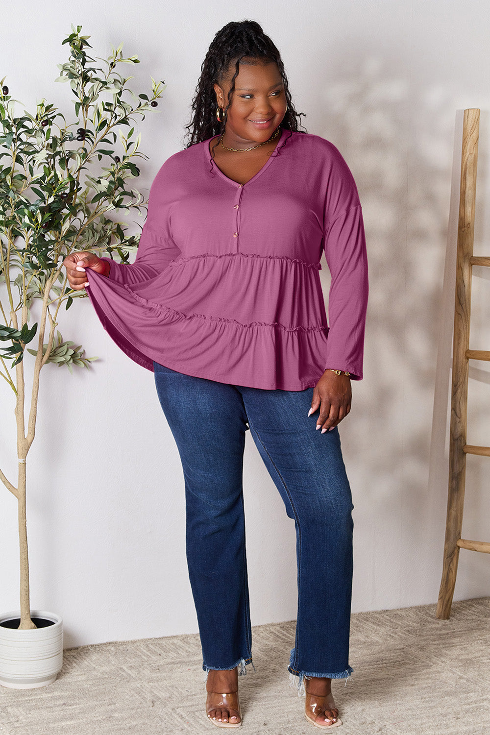 DoorBuster Double Take Half Button Long Sleeve Ruffle Hem Blouse