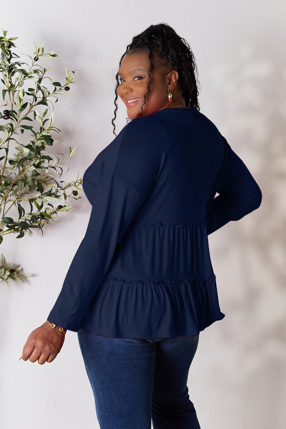 DoorBuster Double Take Half Button Long Sleeve Ruffle Hem Blouse