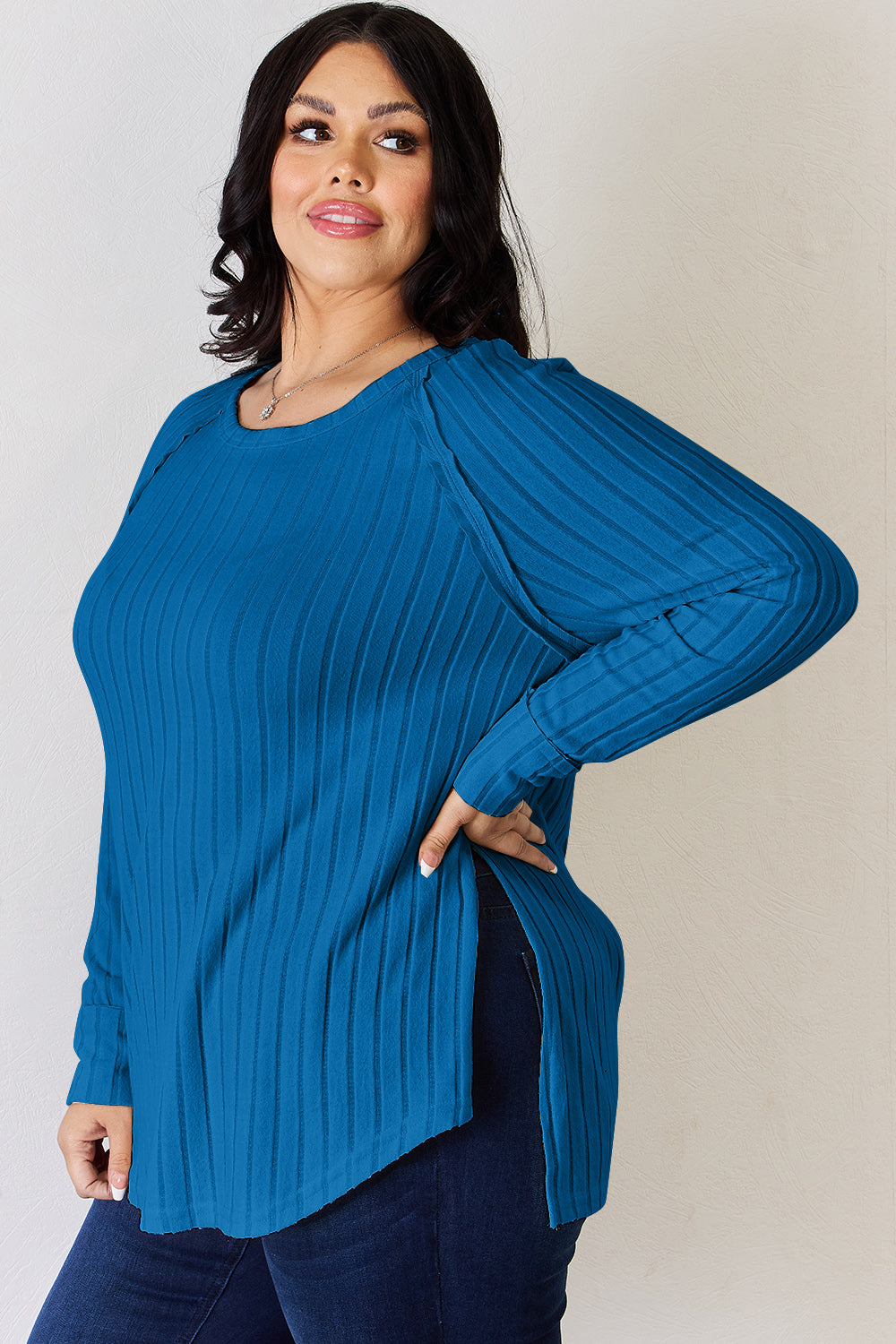 5 Colors! Basic Bae Full Size Ribbed Round Neck Slit T-Shirt