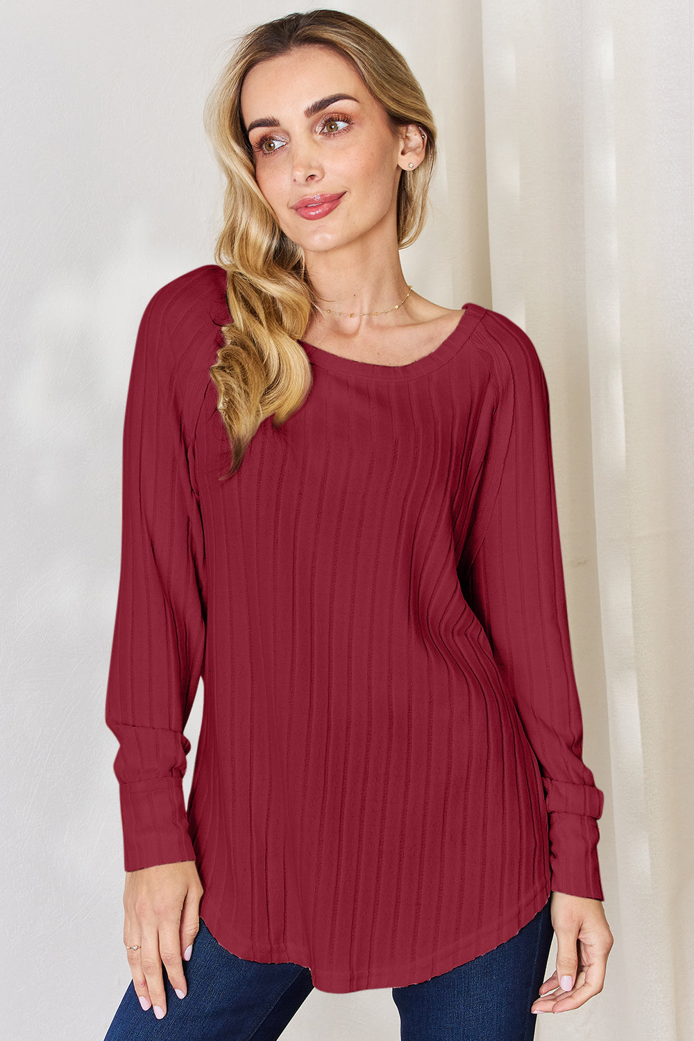 5 Colors! Basic Bae Full Size Ribbed Round Neck Slit T-Shirt