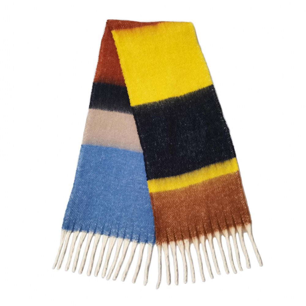 Knit Plaid Scarf Featuring Tassel Edges.
