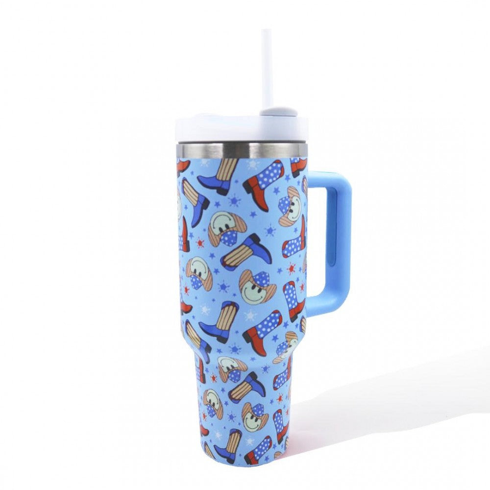 Americana Boots and Cowboy Happy Face Printed 40oz Double Wall Stainless Steel Vacuum Tumbler With Handle