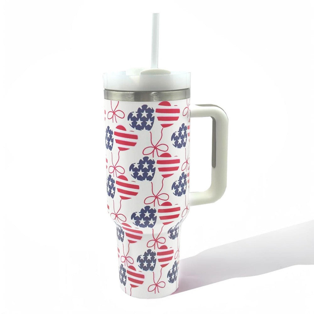 Americana Heart Balloon Printed 40oz Double Wall Stainless Steel Vacuum Tumbler With Handle