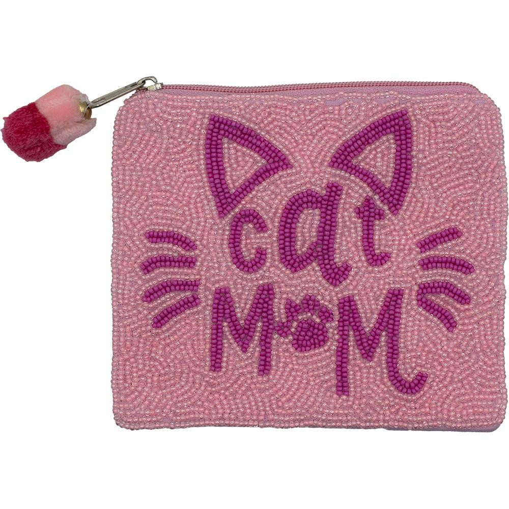 CAT MOM Seed Beaded Canvas Bag With Pom Pom Zipper