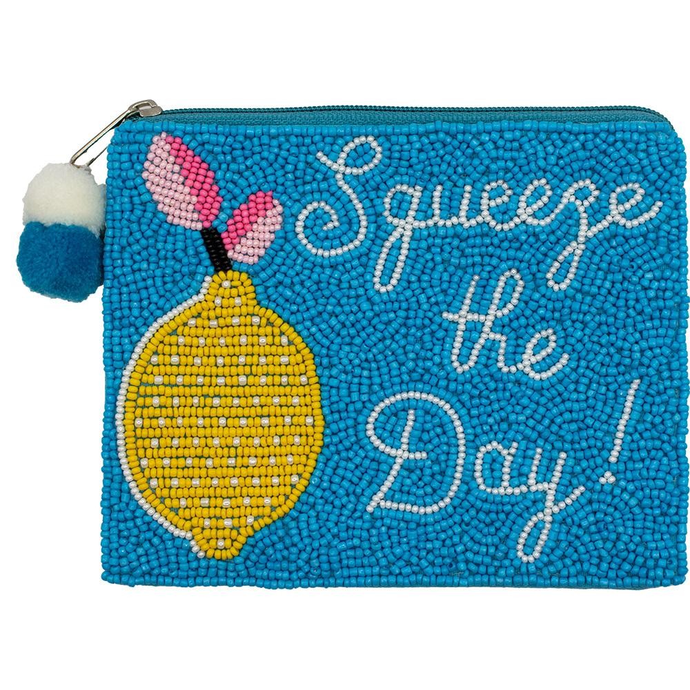 "Squeeze The Day!" Lemon Seed Beaded Canvas Bag With Pom Pom Zipper