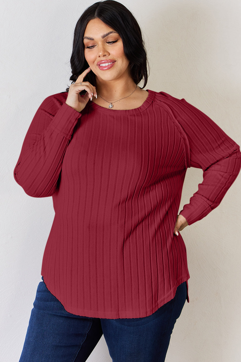 5 Colors! Basic Bae Full Size Ribbed Round Neck Slit T-Shirt