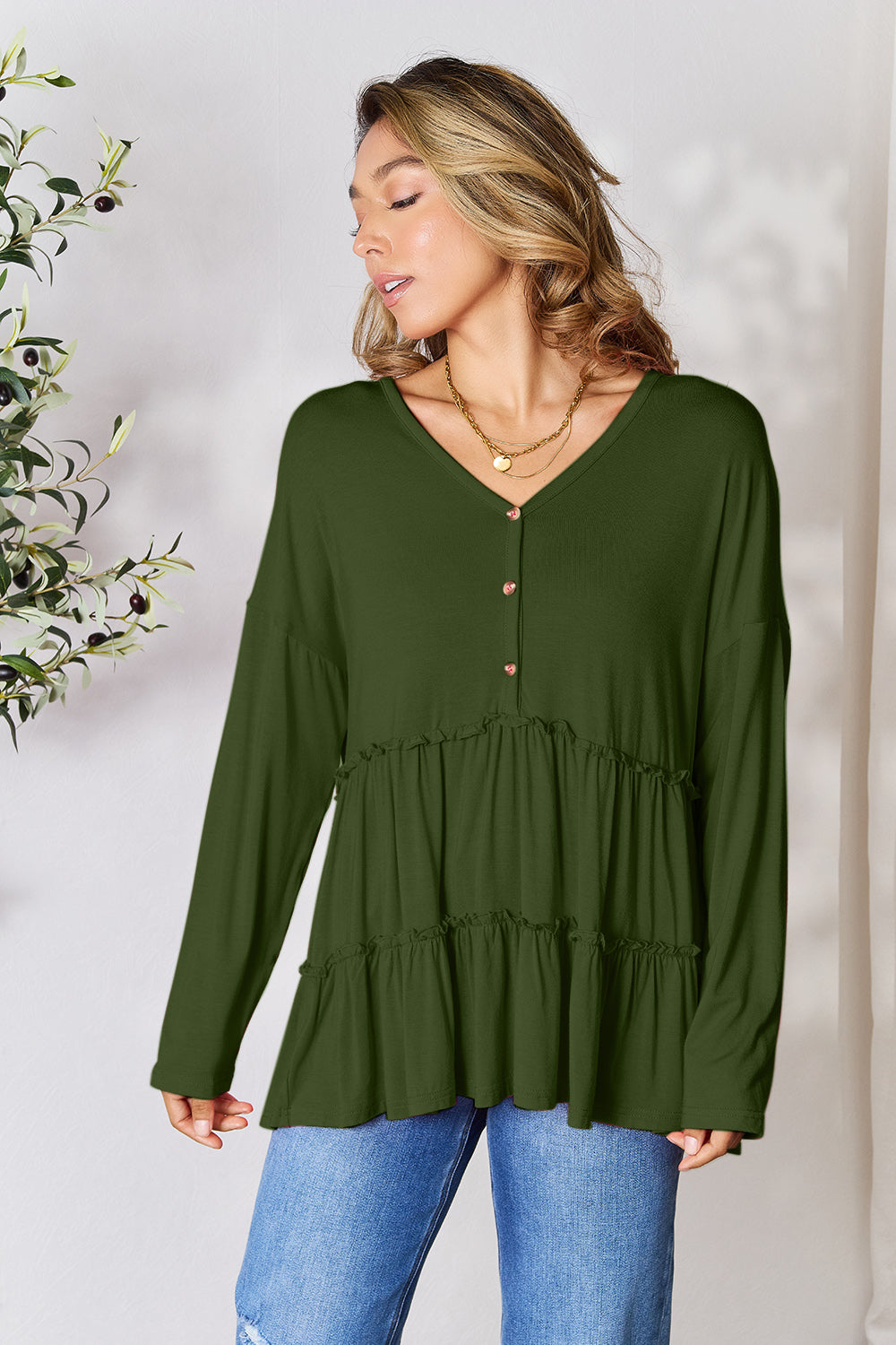 DoorBuster Double Take Half Button Long Sleeve Ruffle Hem Blouse