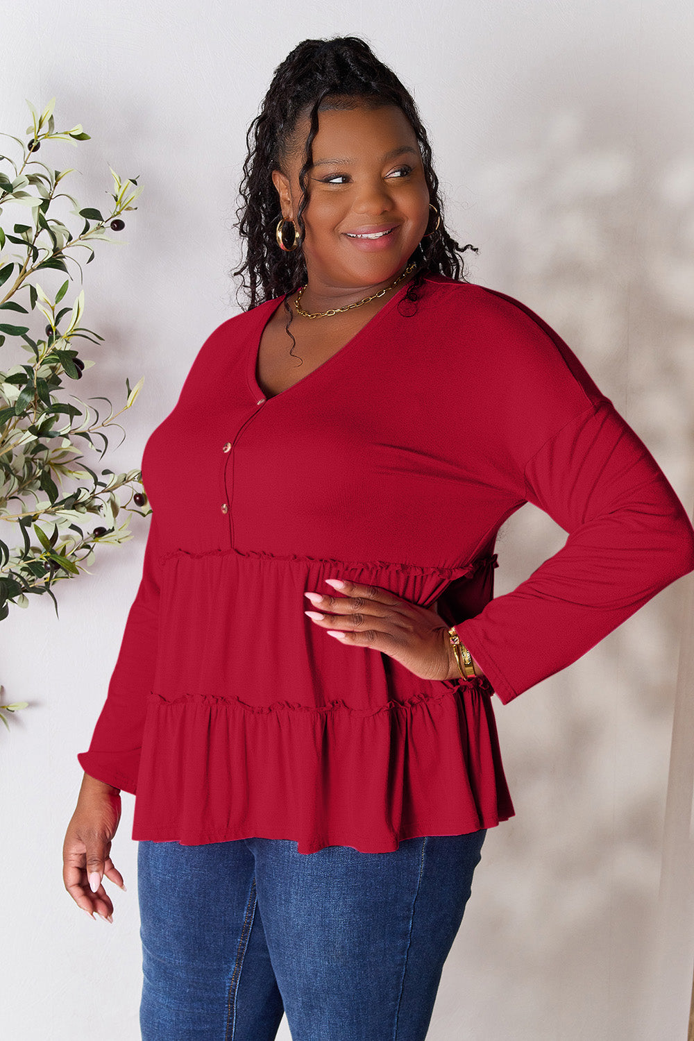 DoorBuster Double Take Half Button Long Sleeve Ruffle Hem Blouse