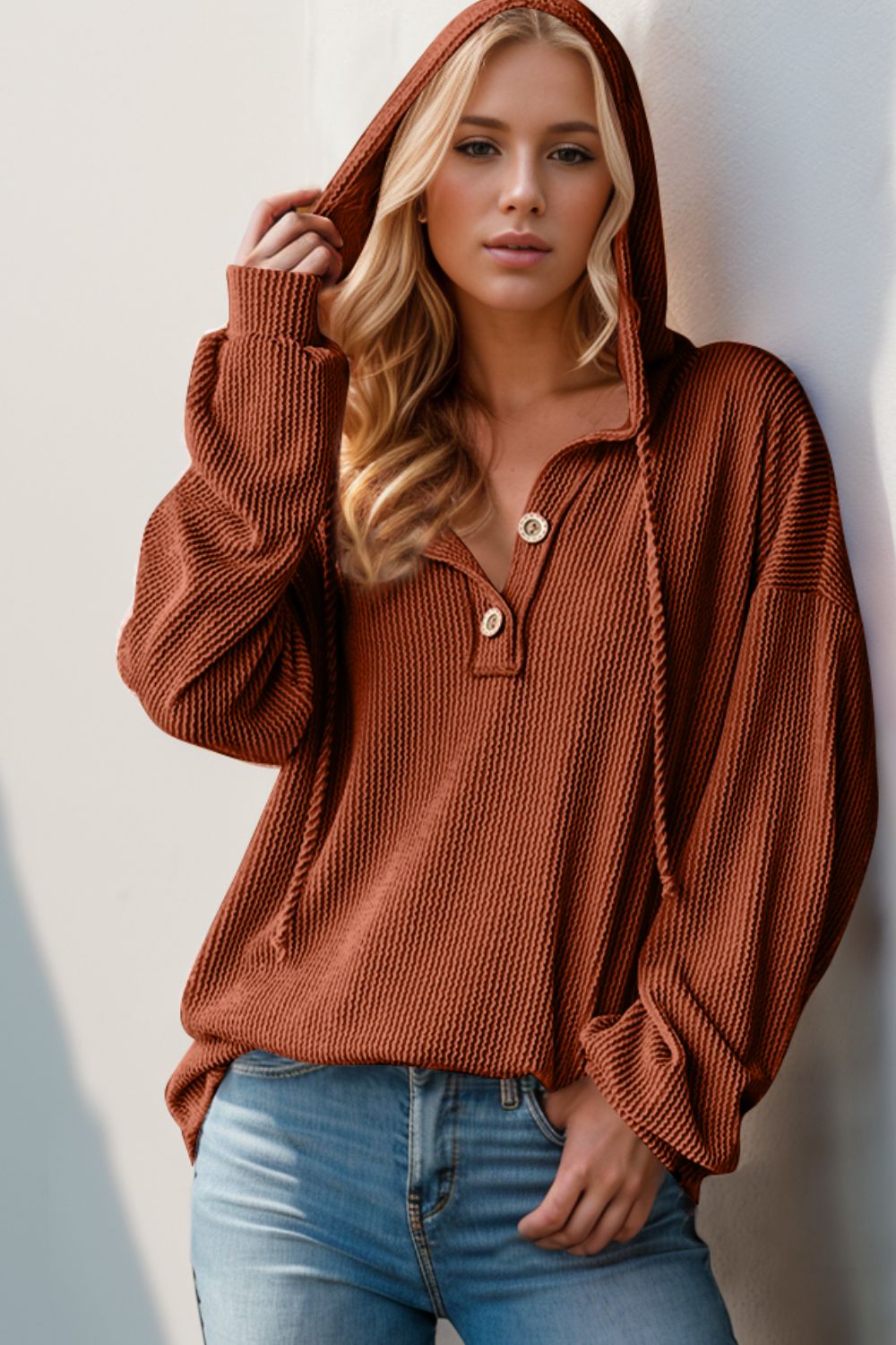 DOORBUSTER Double Take Full Size Half Button Long Sleeve Hoodie