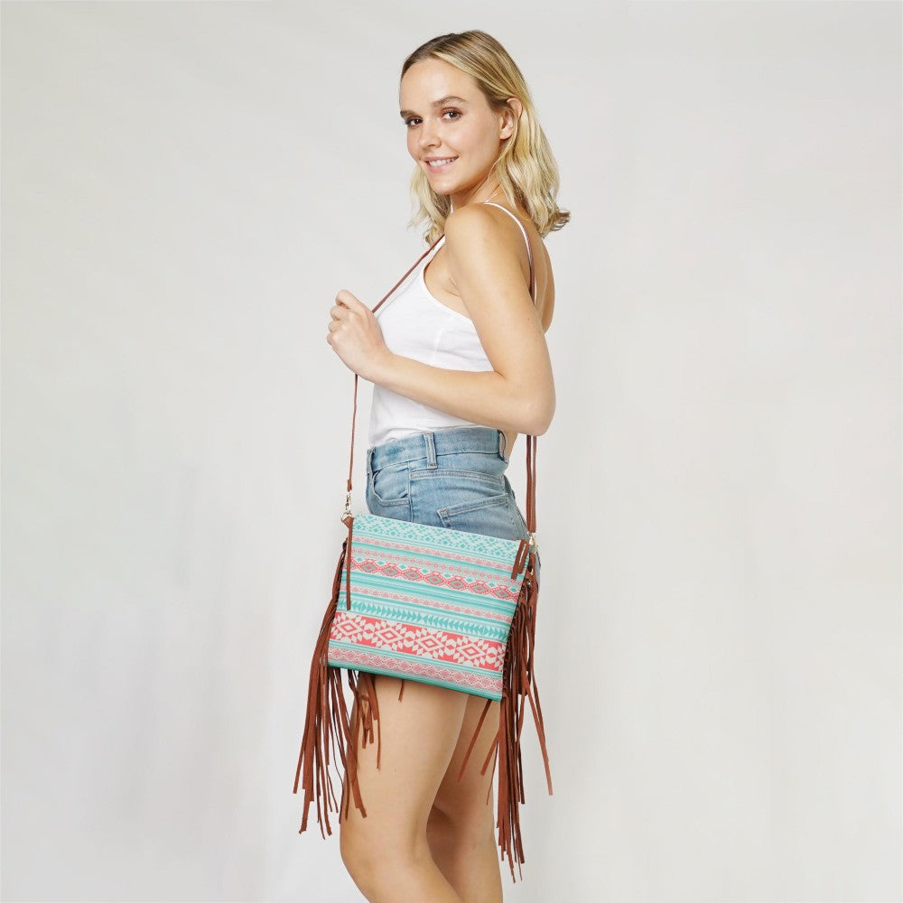 Aztec Crossbody Canvas Bag With Side Tassel Detail