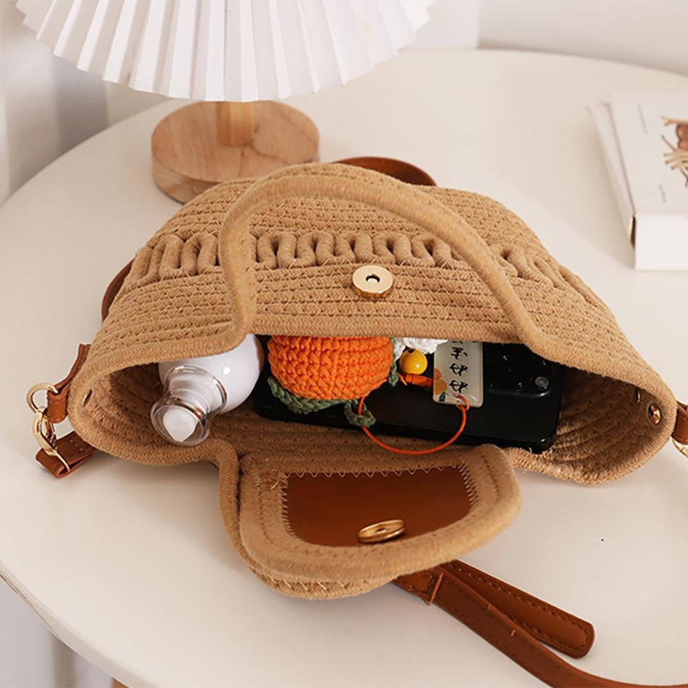 Woven Rattan Handbag With Leather Accent Details