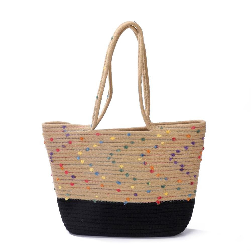 Braided Straw Rope Tote Bag With Stitched Pom Accents - 2 Color Options!
