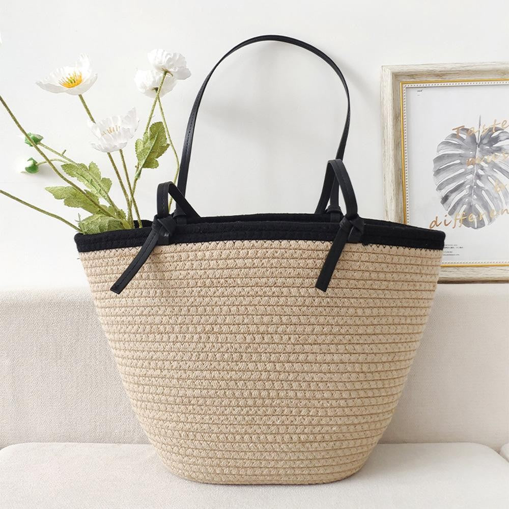 Woven Tote Bag With Knotted Leather Straps - 2 Color Options!
