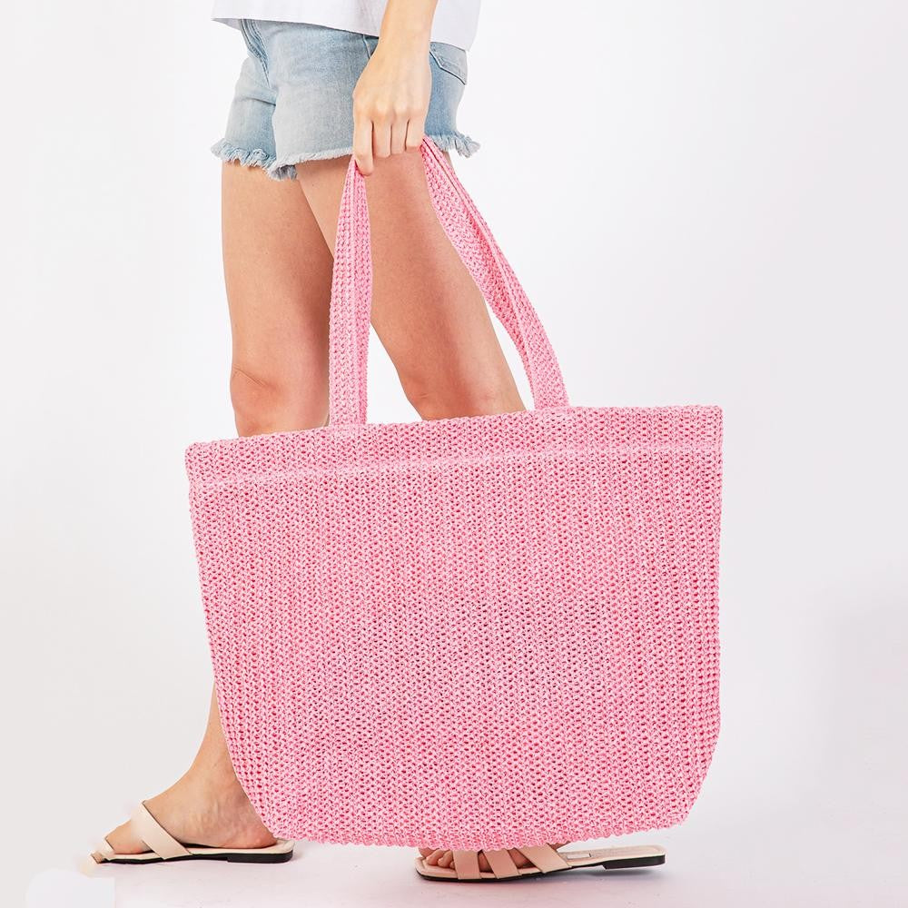 Pink Woven Straw Tote Bag