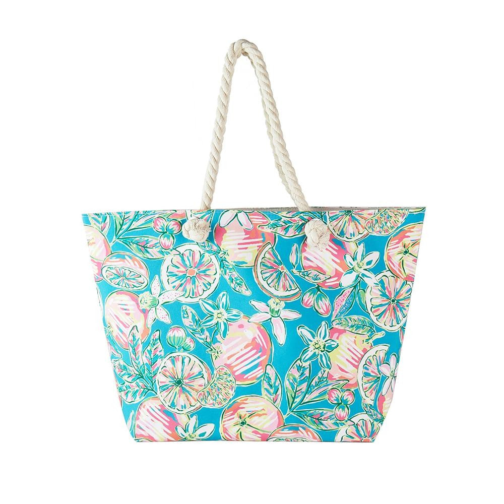 Grapefruit & Flowers Printed Canvas Tote Bag With Braided Rope Handles