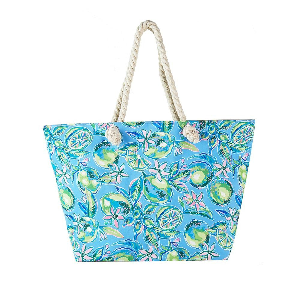 Limes & Flowers Printed Canvas Tote Bag With Braided Rope Handles