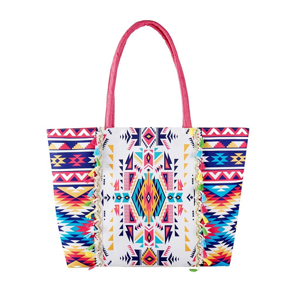 Aztec Printed Canvas Tote Bag With Fringe Detail