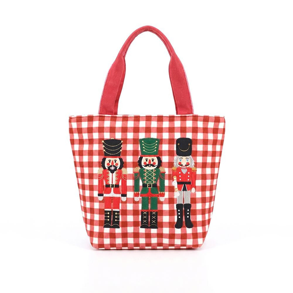 Red Gingham canvas tote with an embroidered Nutcracker Trio