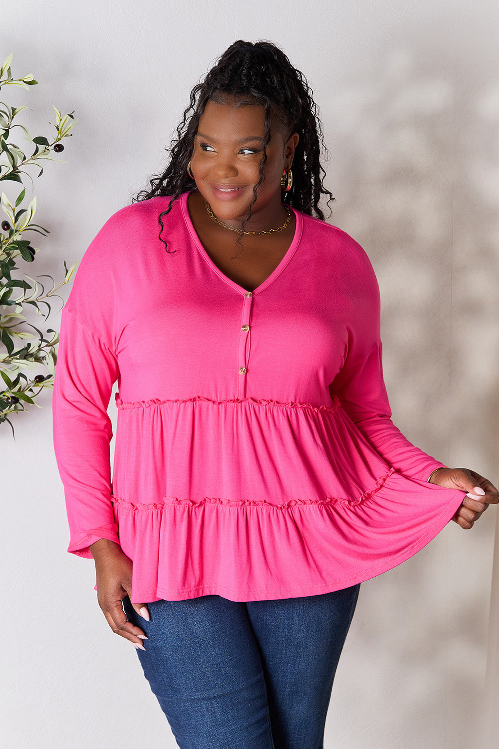 DoorBuster Double Take Half Button Long Sleeve Ruffle Hem Blouse
