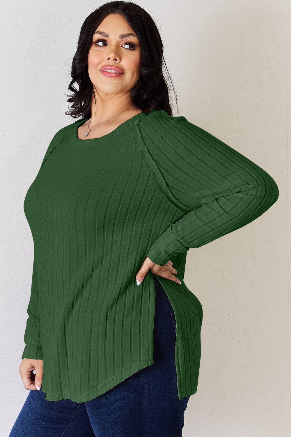 5 Colors! Basic Bae Full Size Ribbed Round Neck Slit T-Shirt