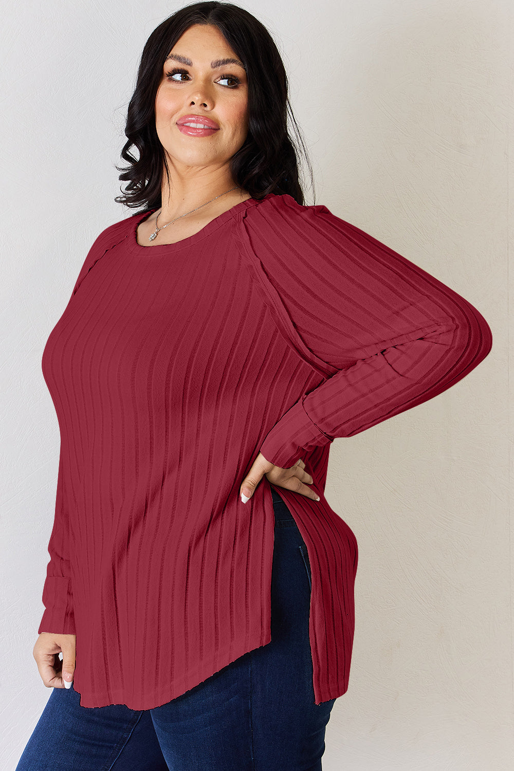 5 Colors! Basic Bae Full Size Ribbed Round Neck Slit T-Shirt