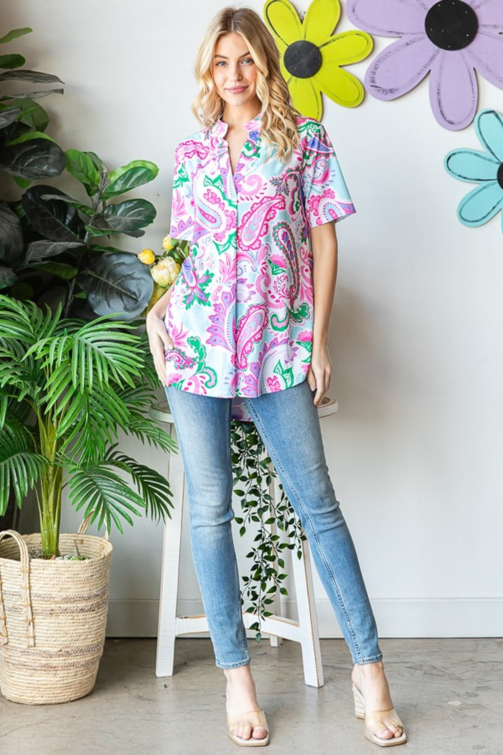 Heimish Split Collar Paisley Short Sleeve Top