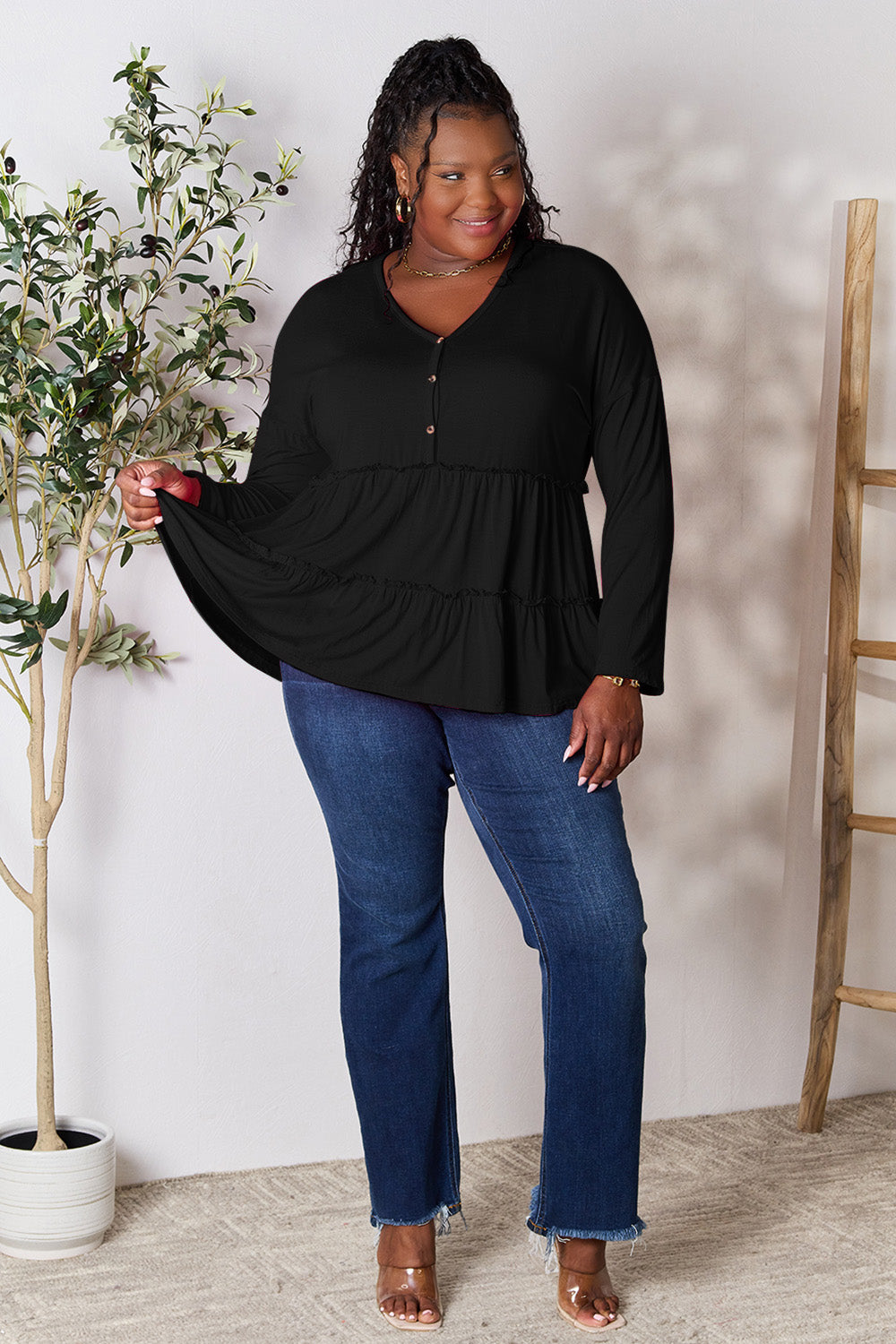 DoorBuster Double Take Half Button Long Sleeve Ruffle Hem Blouse