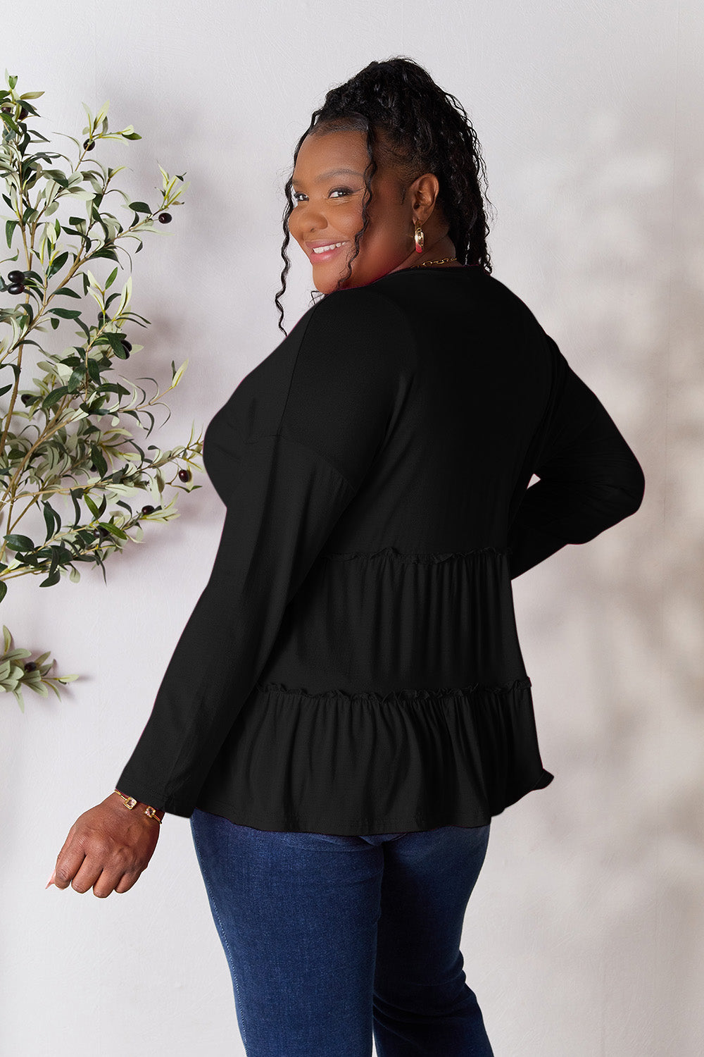 DoorBuster Double Take Half Button Long Sleeve Ruffle Hem Blouse