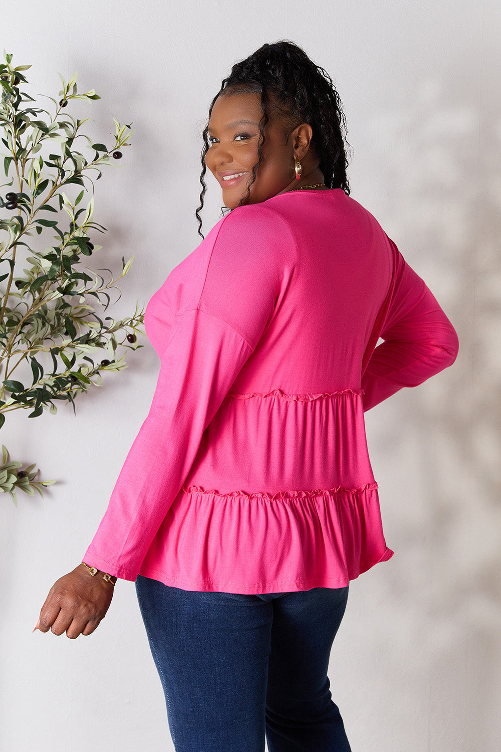 DoorBuster Double Take Half Button Long Sleeve Ruffle Hem Blouse