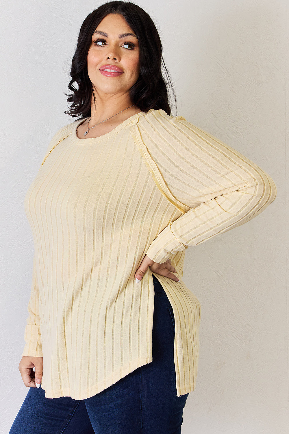 5 Colors! Basic Bae Full Size Ribbed Round Neck Slit T-Shirt